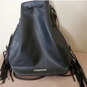 Victoria’s Secret Black Sleek Leather Fringe Backpack Bucket Bag Purse Handbag Black Victorias Secret Fringe Backpack NO Zipper/... | Depop main image 4